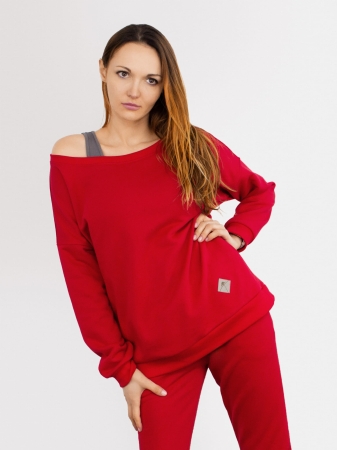 Bluza dresowa z szerokim dekoltem - CZERWONY